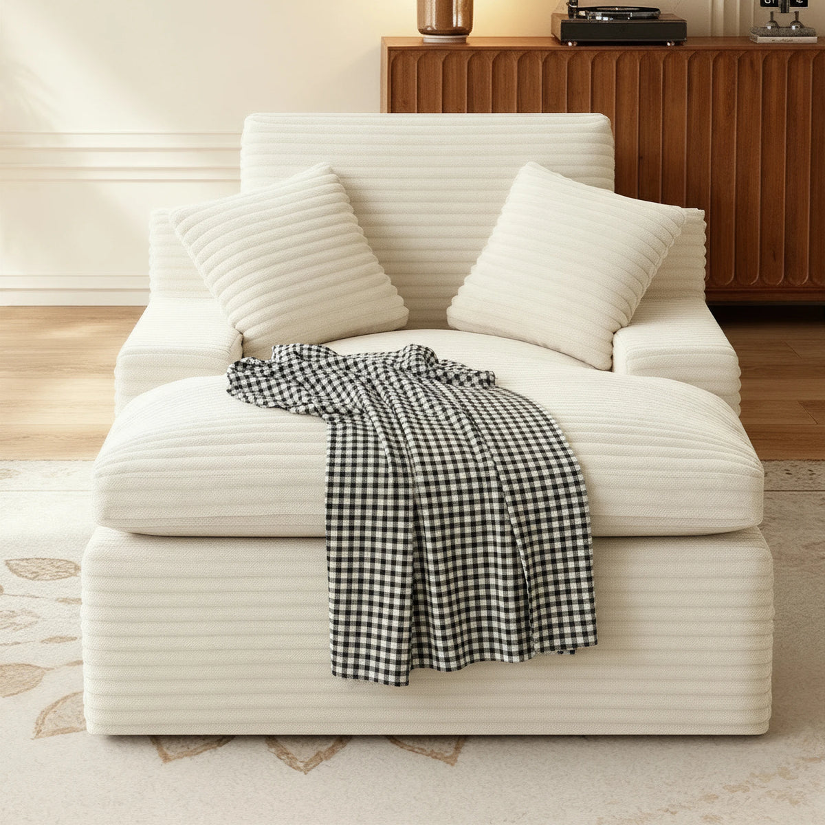 Beige L‑Shape Corduroy Chaise Lounge Sofa, Modular Free Combination Sectional Couch, Cloud Spring Cushion Vacuum Compressed for Small Space Home Bedroom