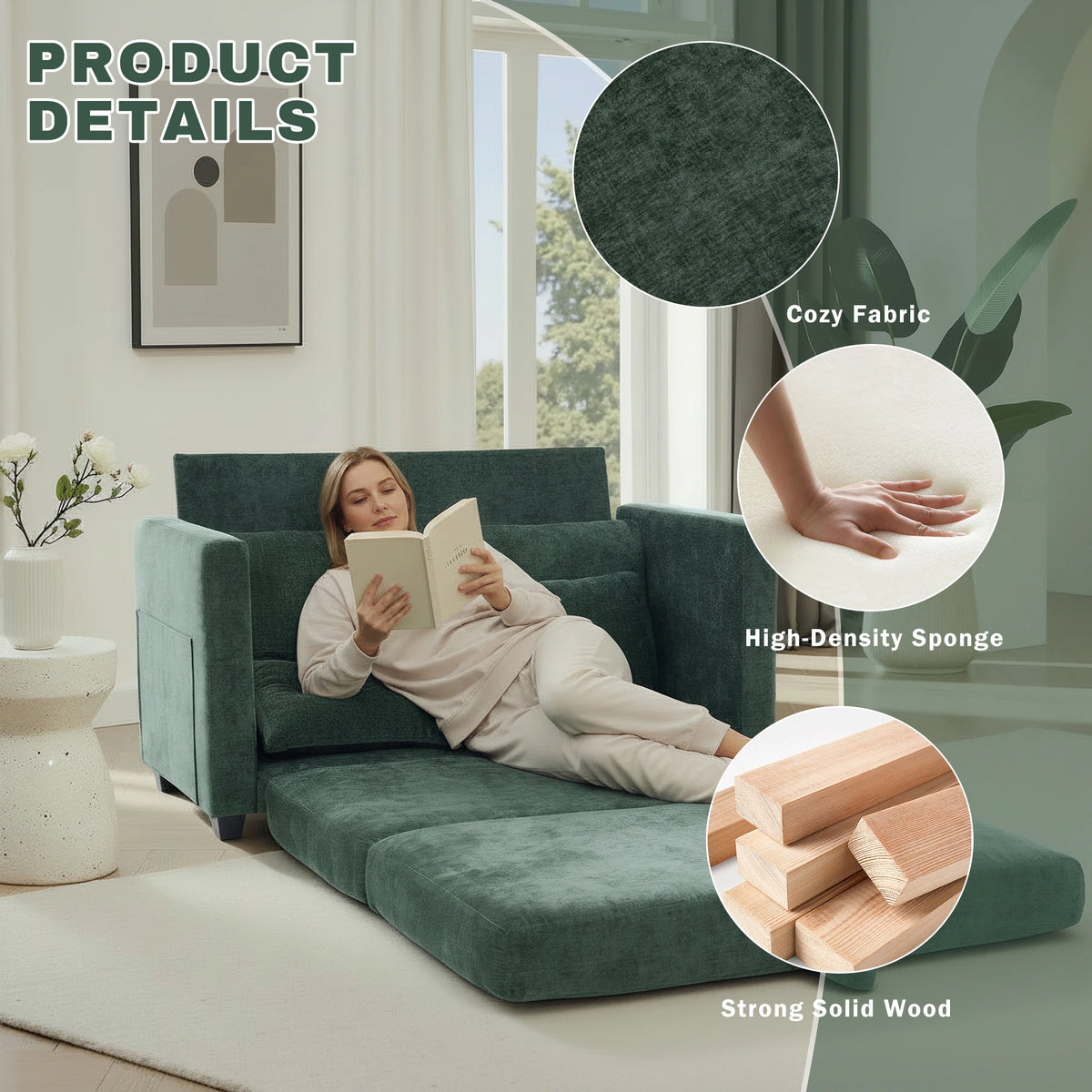 Soft Fabric 2‑in‑1 Pull‑Out Sofa Bed, Loveseat Sleeper Couch with Solid Wood Frame, Vacuum Packed No Assembly Furniture for Home Use