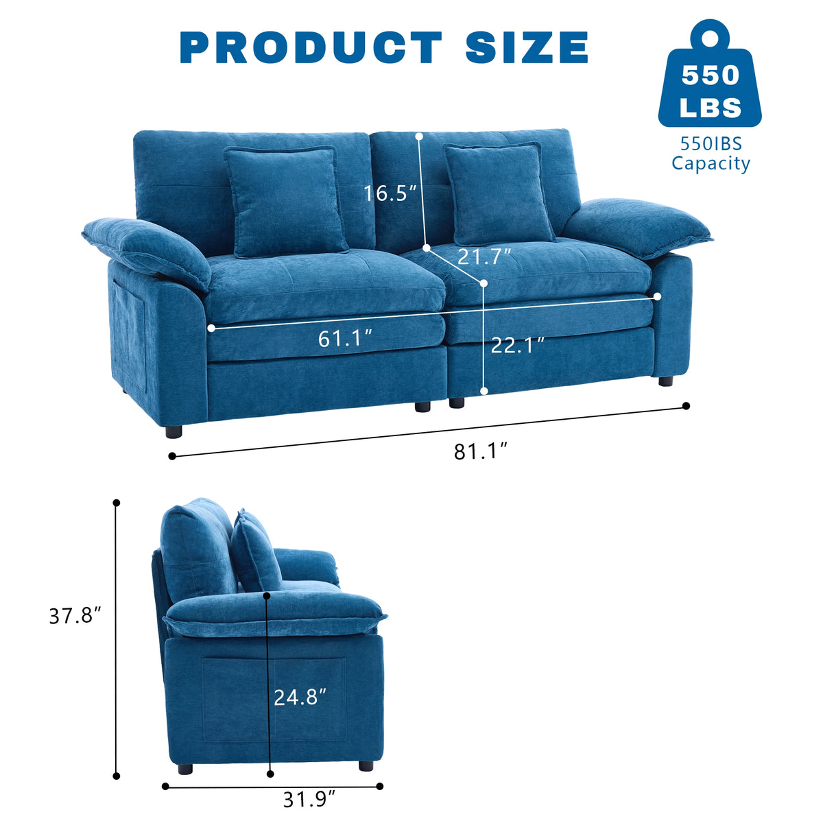 Modern 2‑Seater Modular Sectional Sofa, Breathable Chenille Fabric Couch with Extra Throw Pillows for Small Space Apartment Condo