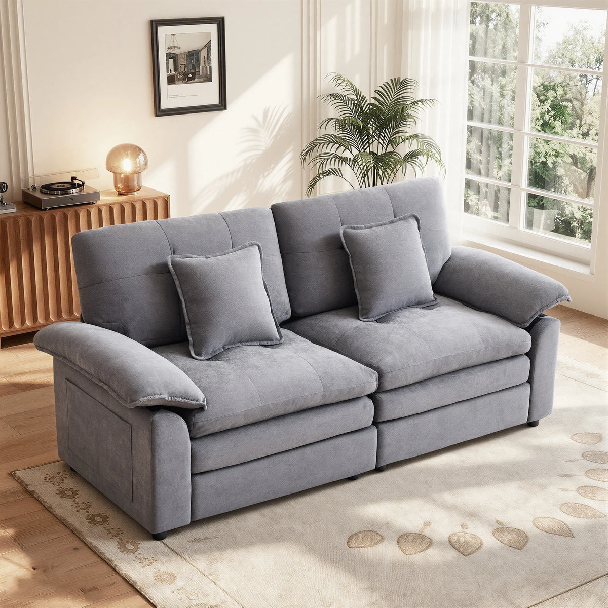 Soft Chenille 2‑Seater Modular Sofa Couch, Deep Seat Plush Living Room Sofa with 2 Decorative Pillows for Family Daily Use