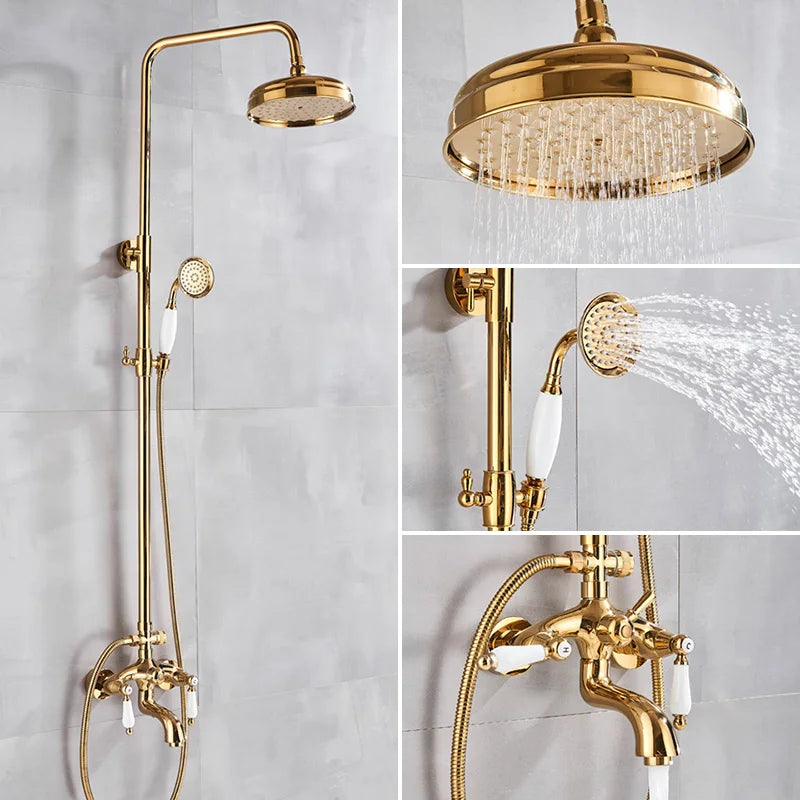 Gold Shower Faucet Bath Shower Mixer Tap 8' Rainfall Gold Shower Head Bath Shower Set W/ Hand Shower Bathtub Faucet Wall Mounted