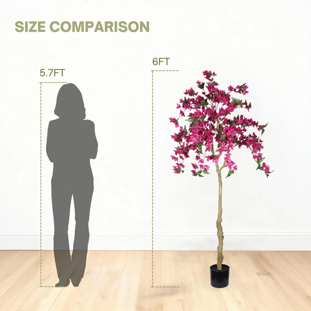 6FT Artificial Bougainvillea Tree with Black Plastic Pot, Realistic Flowering Fake Plant for Indoor Home Decor, Potted Faux Tree, 1pc/set