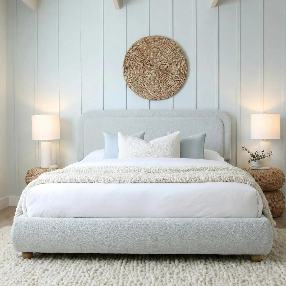 Full Size Upholstered Bed Frame Boucle Rounded Headboard Solid Wood Legs Boho Easy Assembly No Box Spring Needed, Customized