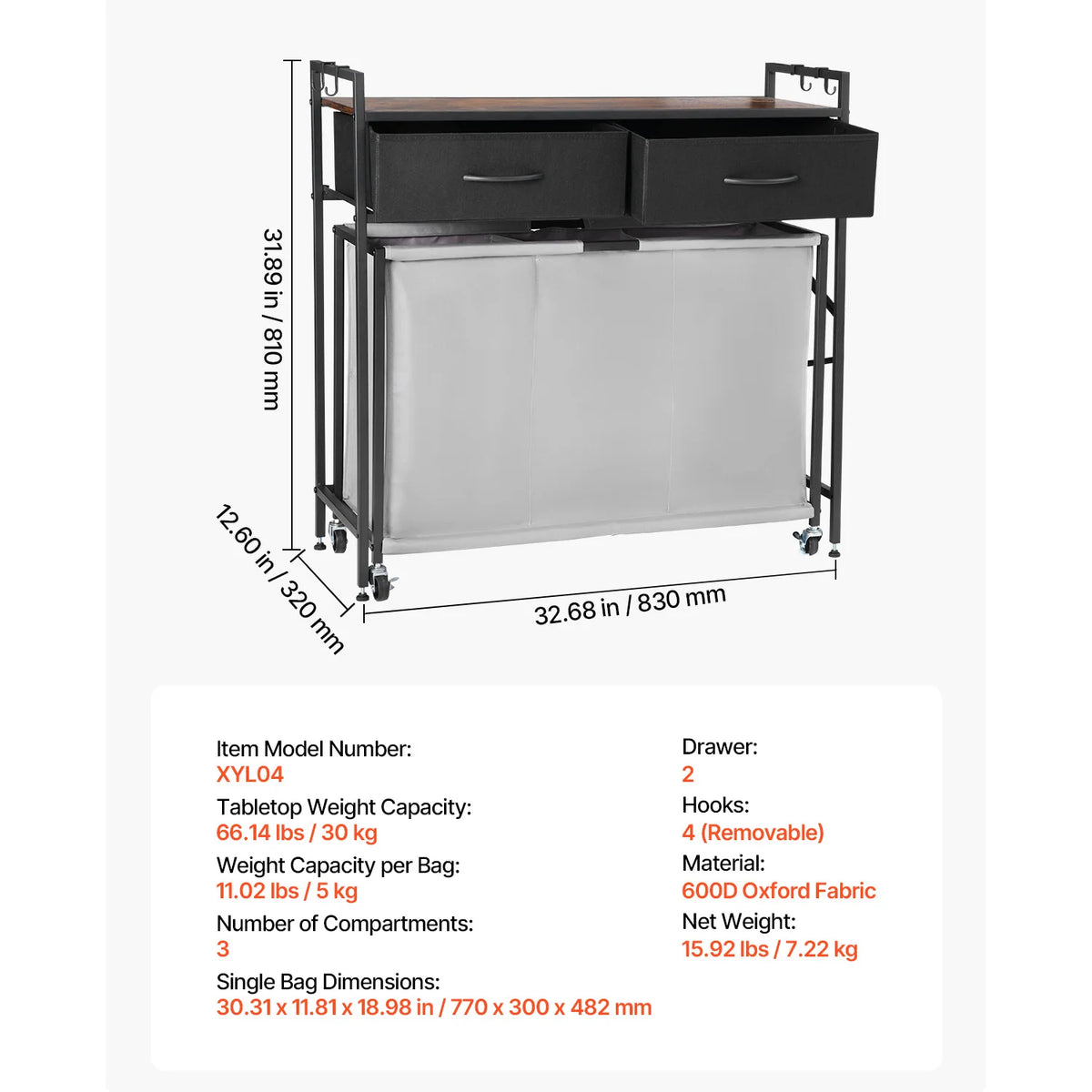 Laundry Sorter Large Laundry Hamper with Metal Frame Freestanding Storage Organizer Baskets for Dirty Clothes, Bathroom