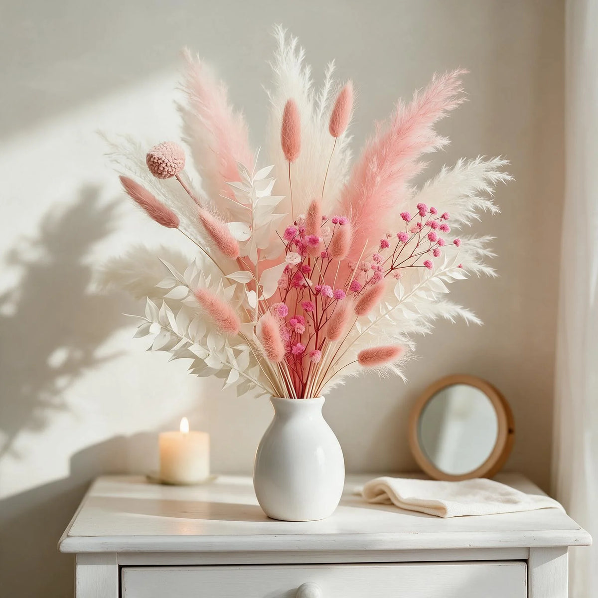 58PCS Pink Pampas Grass Bouquet 17.5in Mixed Dried Flowers Bunny Tails Eucalyptus Baby's Breath Craspedia Reed Grass Soft Pink Boho Wedding Home Decor Farmhouse Table Centerpiece Vase Filler Long Lasting Gift Vase Not Include