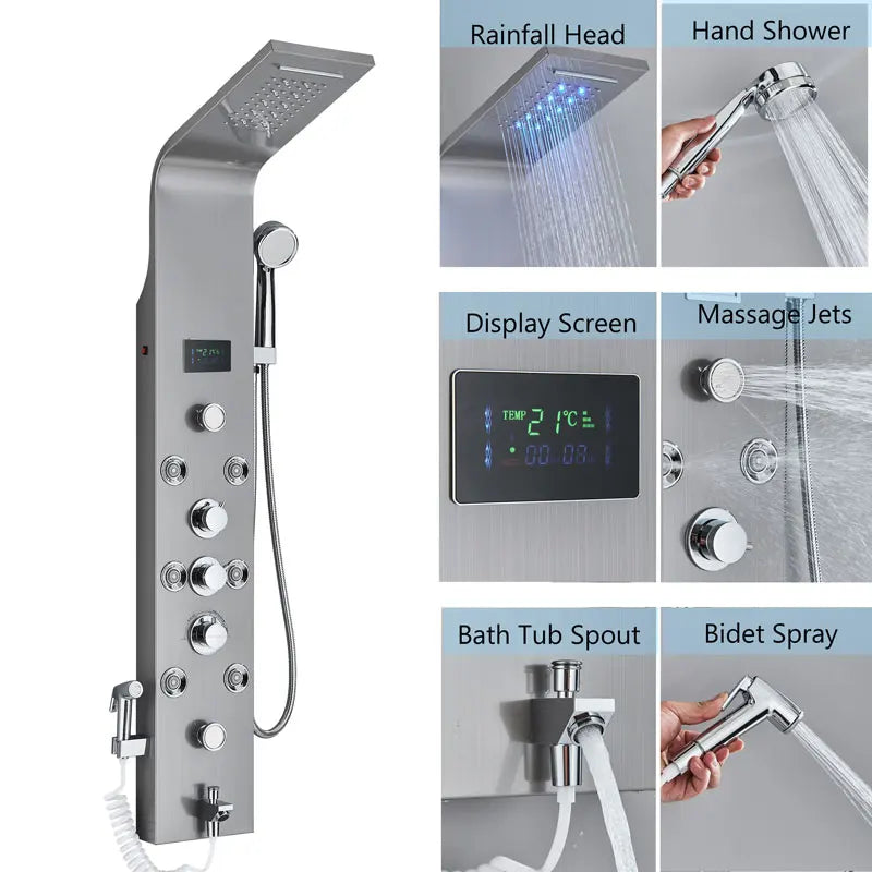 LED Bath Shower Faucet Digital Display Bath Shower Panel Tower Shower Column Waterfall LED Shower Head W Body Masssage SPA Jet