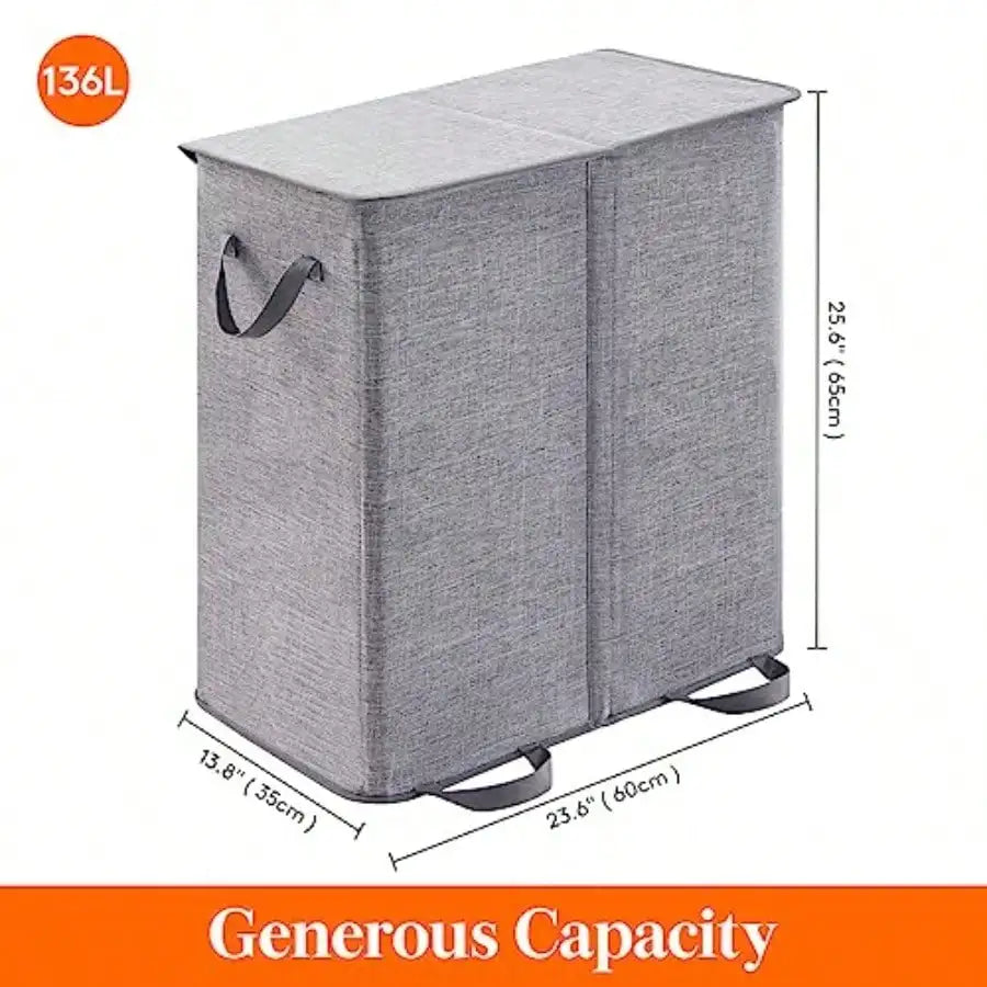 Double Laundry Hamper With Lid And Removable Laundry Bags Large Collapsible 2 Dividers Dirty Clothes Basket With Handles 136L Gray