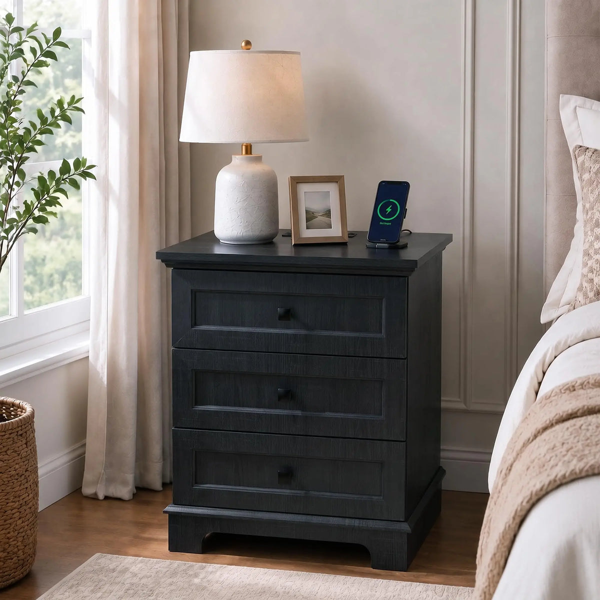 White Nightstand Farmhouse Night Stand with Charging Station,20'' Narrow Nightstand Side Table Wood End Table with 3 Drawers for Bedroom,Bedside Table with Power Outlet, USB, Type-C Ports