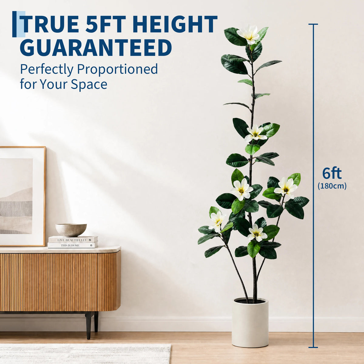 5ft/6ft Artificial Magnolia Tree with White Flowers, Faux Magnolia Plant with Lifelike Green Leaves in White Pot, Fake Flower Tree for Living Room, Entryway, Home Indoor Decor