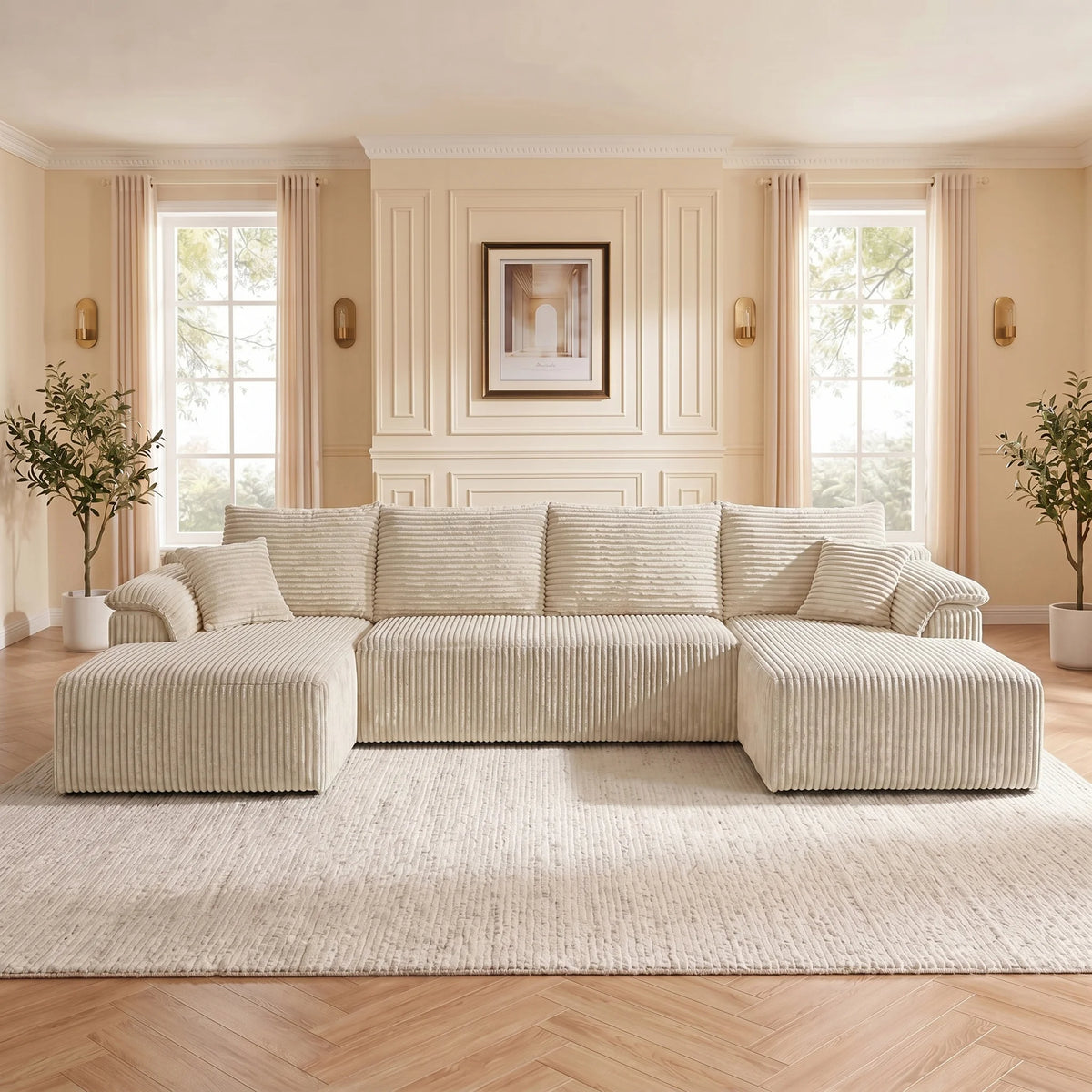 Oversized Vertical Striped Corduroy Modular Sofa, Freely Combinable U-Shaped Corner Sectional with Chaise Lounge, Luxury Cloud Deep Seat Fabric Couch, No Assembly Lazy Sofa with Throw Pillows for Living Room & Apartment, Idea