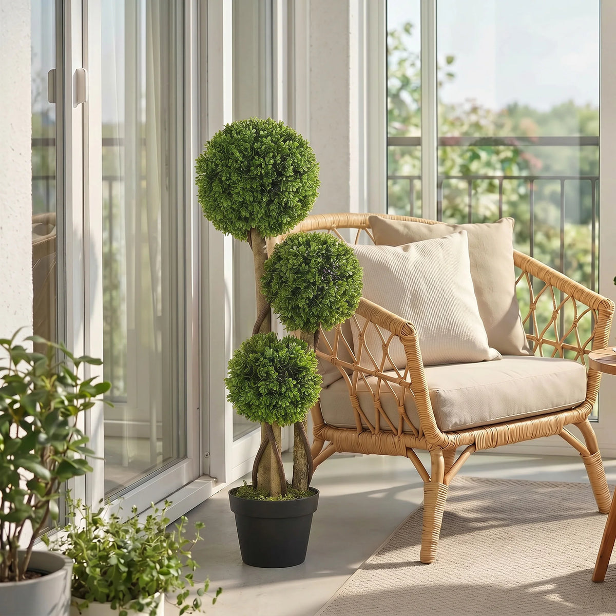 Artificial Plant for Home Decor Indoor & Outdoor Fake Plants Artificial Tree in Pot, 3 Ball Boxwood Topiary Tree for Home Office, Living Room Decor, Light Green