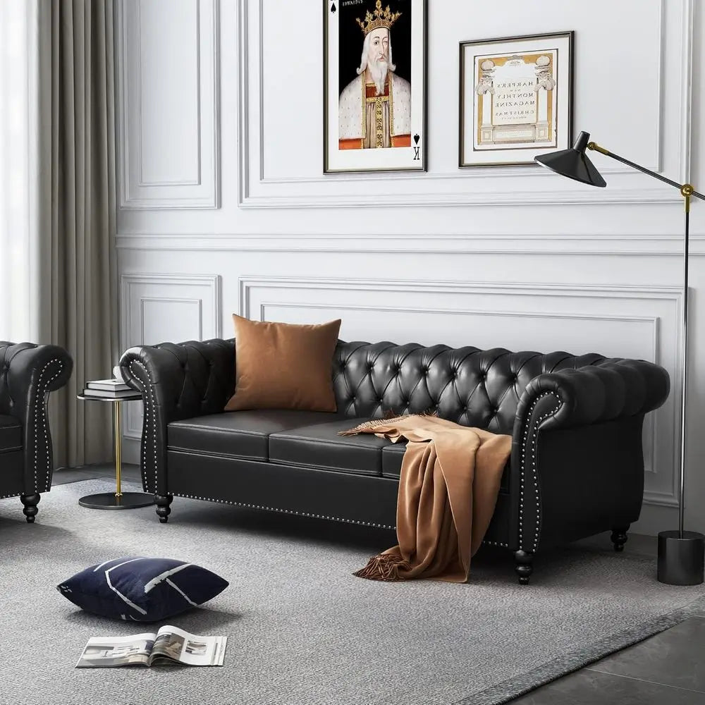 84" Chesterfield Sofa 3-Seater, Classic Roll Arm PU Leather Couch with Button Tufted Back, Stain Resistant