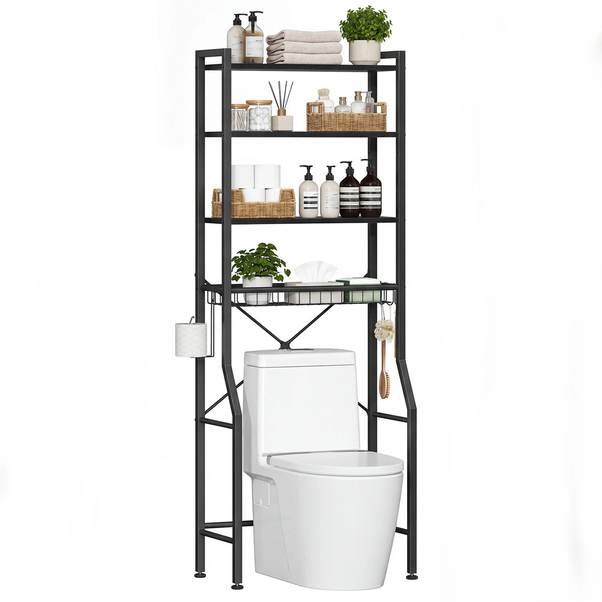4-Tier Freestanding Bathroom Organizer Shelf Over Toilets with Adjustable Storage Rack Shelf and Basket Space Saver Above Toilet Storage Cabinet with 3 Hooks for Rooms