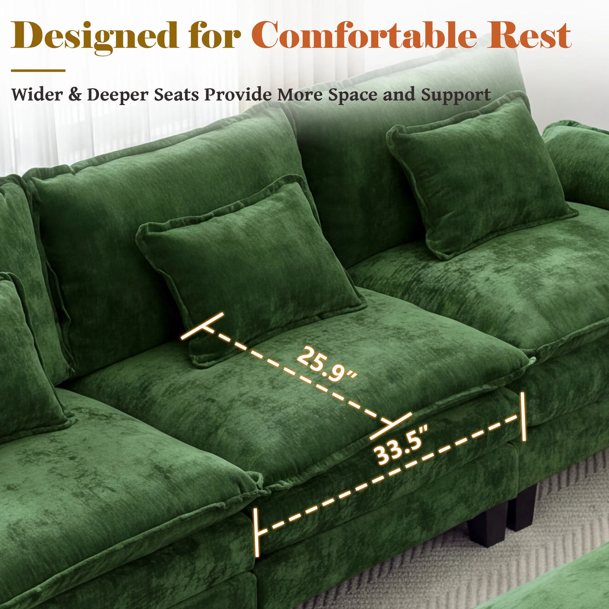 TCGBKAF 117" L‑Shaped Modular Cloud Sectional Sofa, Green Corduroy 3 Seater Couch with Ottoman Lumbar Pillow, 2‑Layer Deep Seat Cushion for Living Room Apartment