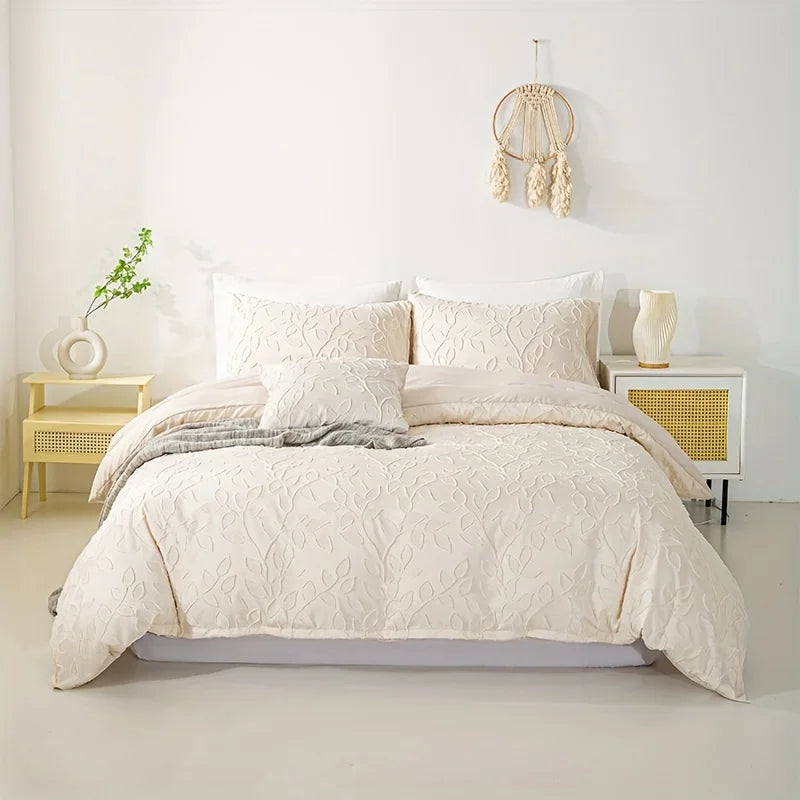 Off-White Leaf Tufted Duvet Cover 3-Piece Set, Soft Cream Bedding Set, Bohemian Style Embossed Floral Bedspread and Pillowcases, Available for Large/King/Single Beds
