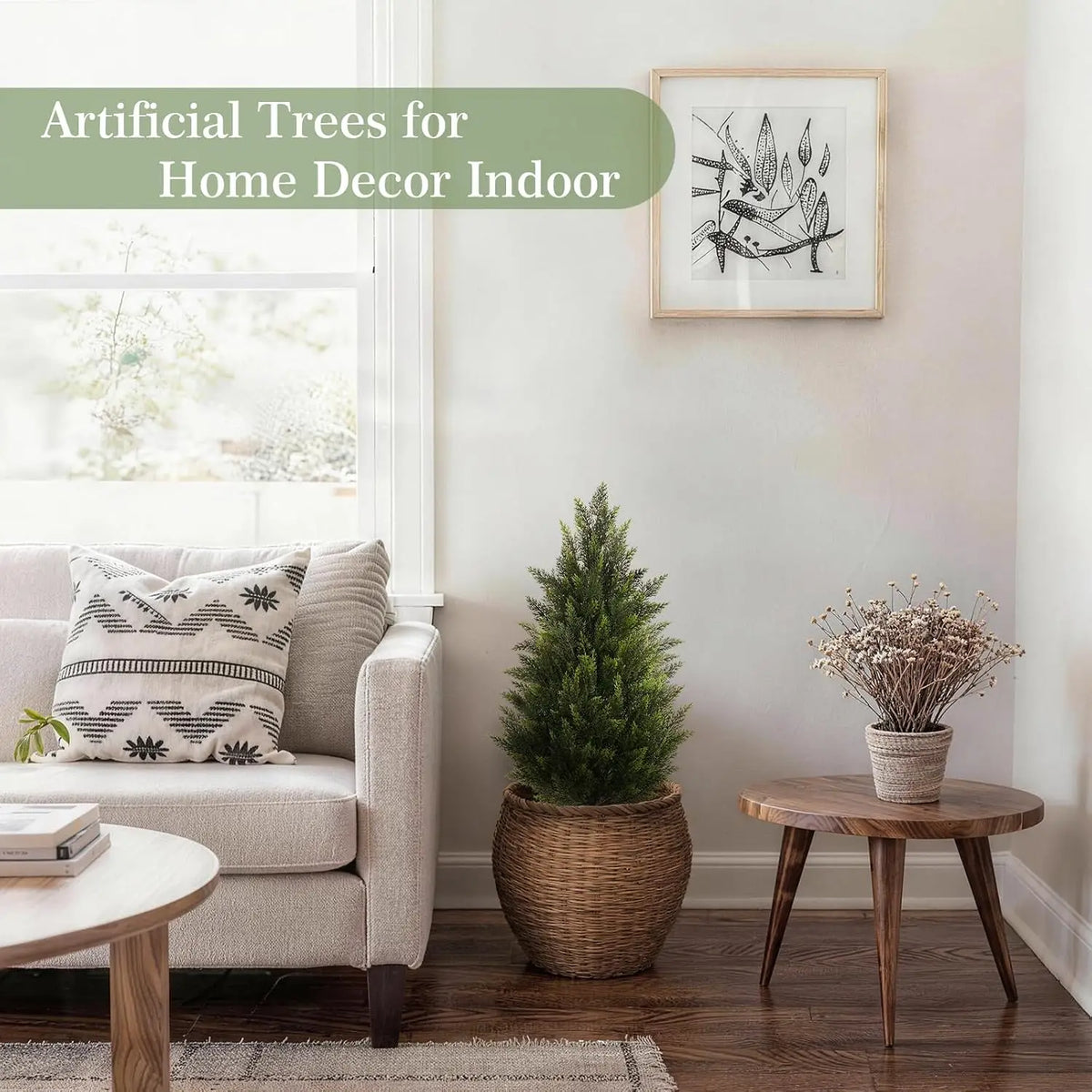 Faux Outdoor Plants Set of 2 with Realistic PE Foliage, UV Resistant Artificial Cedar Trees for Front Porch Patio Entryway Decor