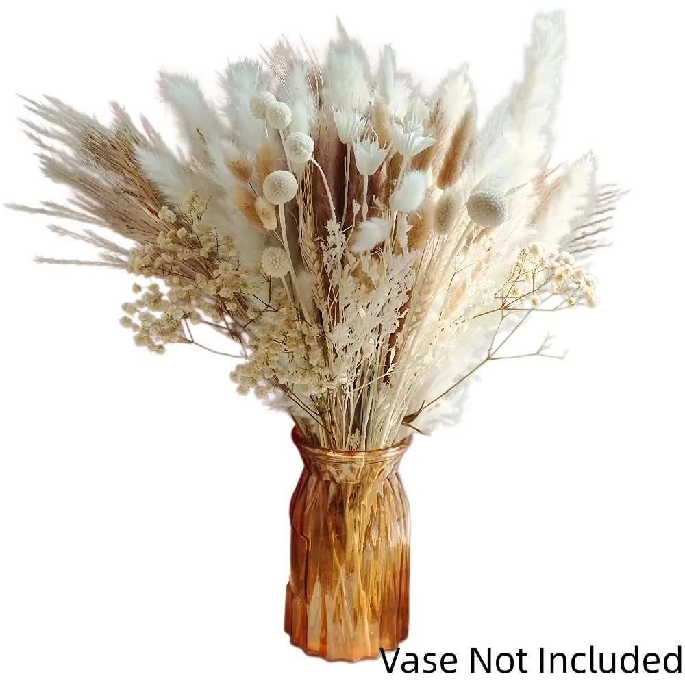 100PCS Pampas Grass Bouquet 17.5in Mixed Dried Flowers Bunny Tails Dried Oats Reed Grass Dusty Blue White Beige Boho Neutral Home Wedding Decor Farmhouse Table Centerpiece Vase Filler Rustic Minimalist Handmade Vase Not Inclu
