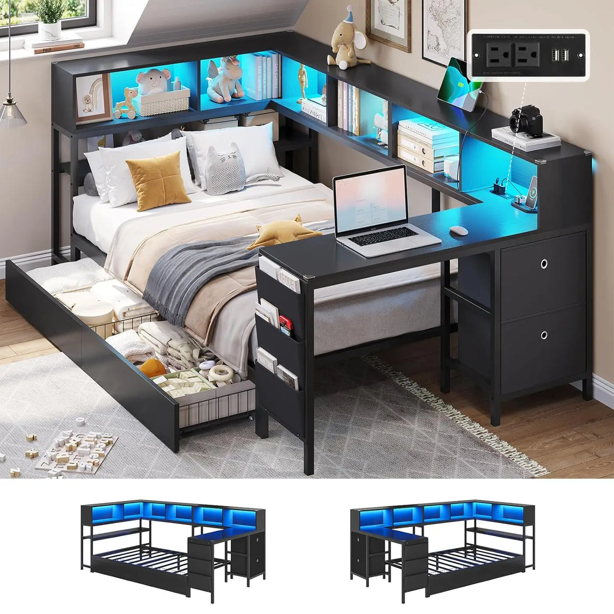 Corner Twin Bed Frame With Desk, Charging Station And Bookcase Storage Metal Platform Bed Frame With Storage Drawers And Led Light