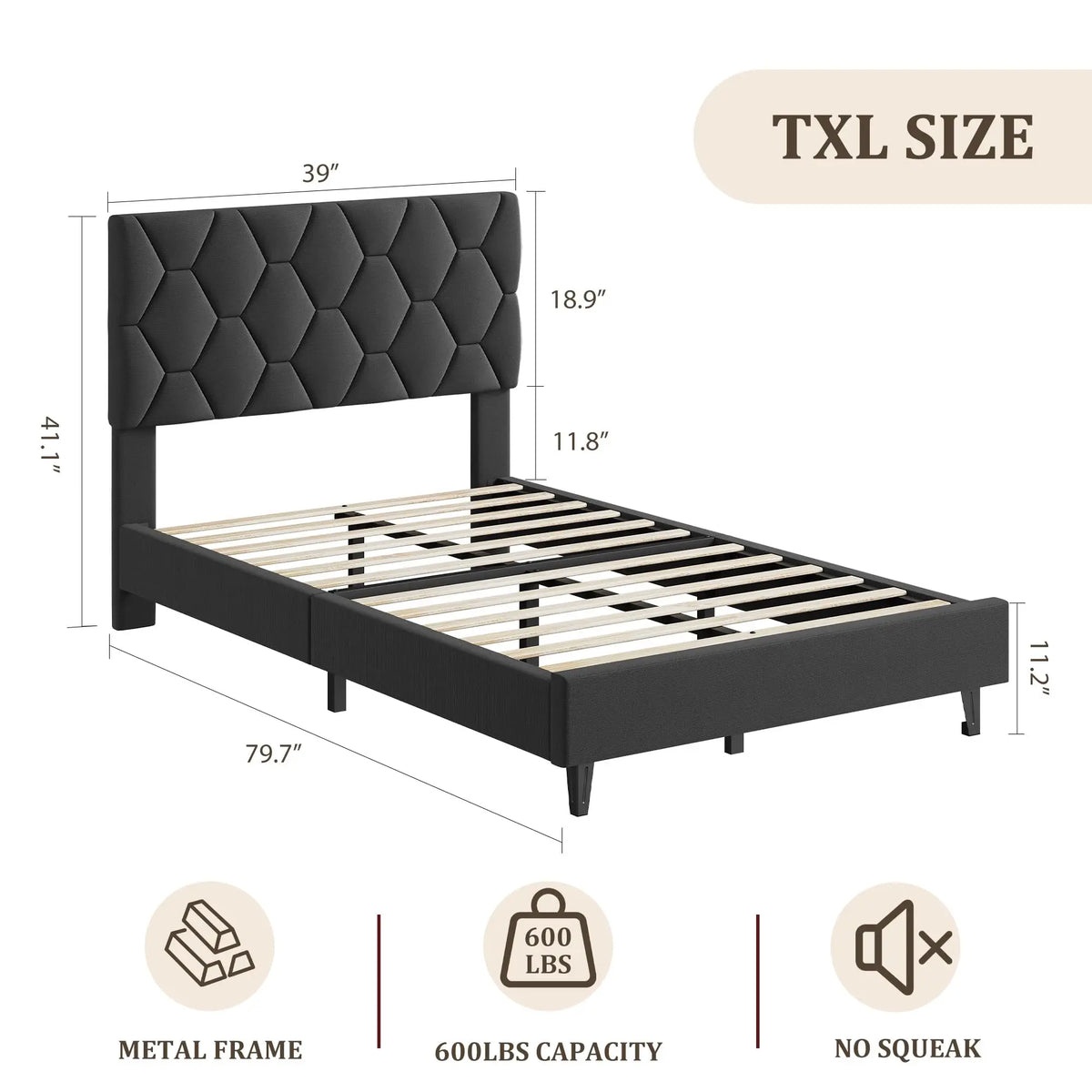 Twin XL Bed Frame Upholstered Platform Mattress Foundation Adjustable Headboard Quiet Heavy Duty No Box Spring Required