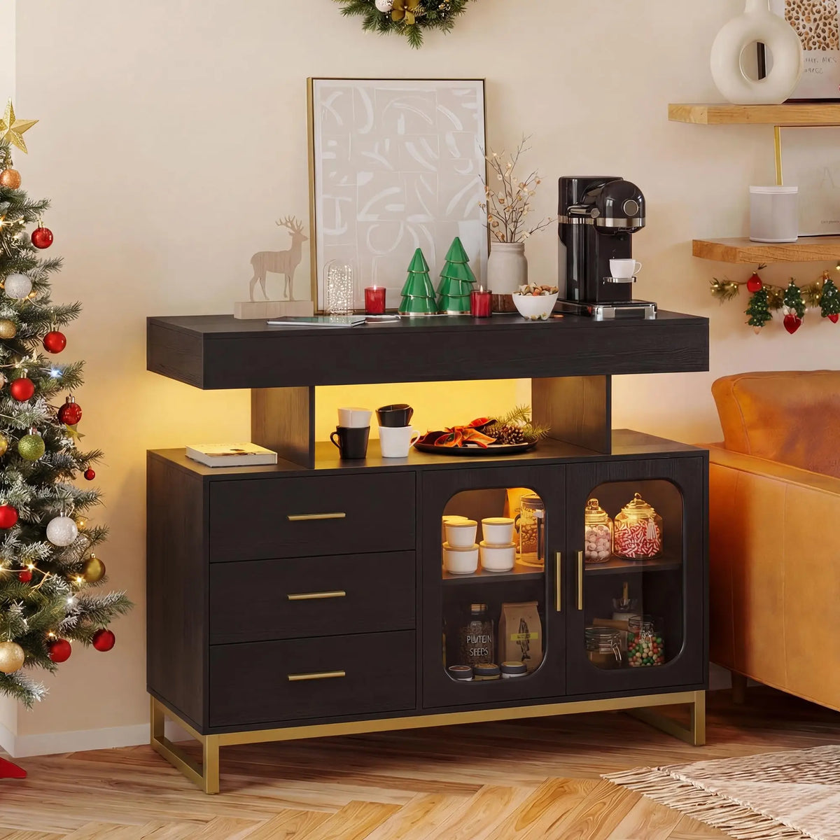 40 Inch Sideboard Buffet Cabinet With RGB LED Lights, Charging Station, 3 Drawers And 2 Doors, Coffee Bar Storage For Kitchen Living Room
