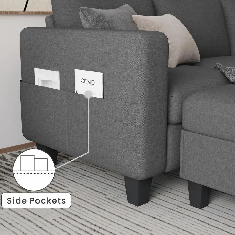 Sectional Couches or Living Room - Convertible L-Shaped Couch, Grey 3 Seater Linen Sofa, 78" Sofas with Storage Ottoman
