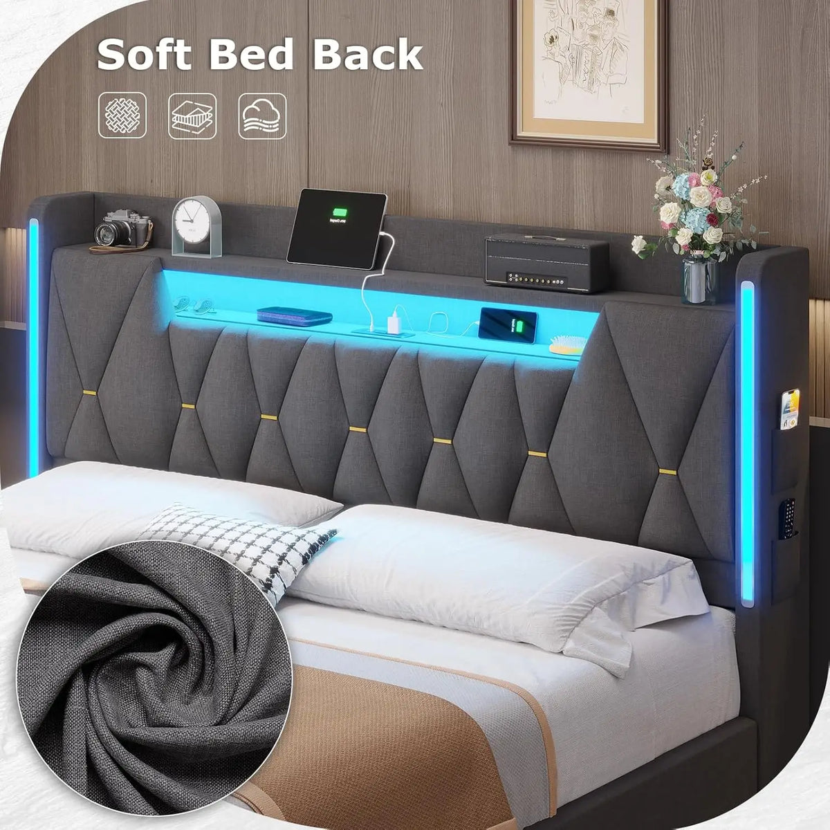 King Size Bed Frame With LED Lights & Charging Station, LED King Bed With Hidden Space And 2-Tier Shelves,, Customized