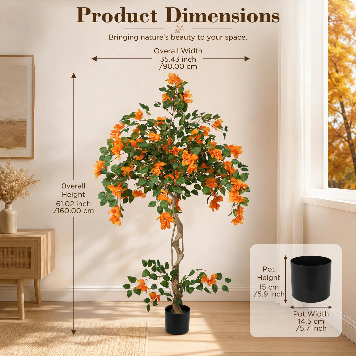 3/4/5FT Artificial Bougainvillea Tree, Orange Faux Bougainvillea Plant with Lush Green Leaves, Realistic Full Blooms Potted Fake Flower Tree for Home Living Room Patio Porch Office Decor