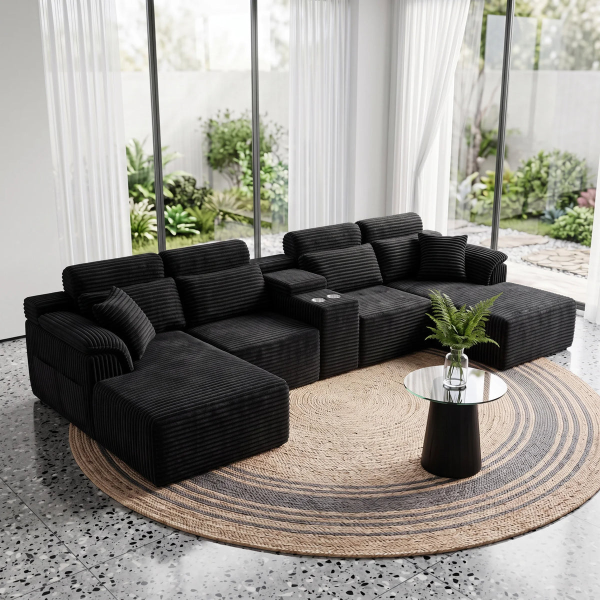 Modern Modular U-Shaped Sectional Sofa, Compressed Corduroy Couch with Storage Console & Cup Holders, Fluffy Deep Seating Living Room Furniture, Easy to Transport