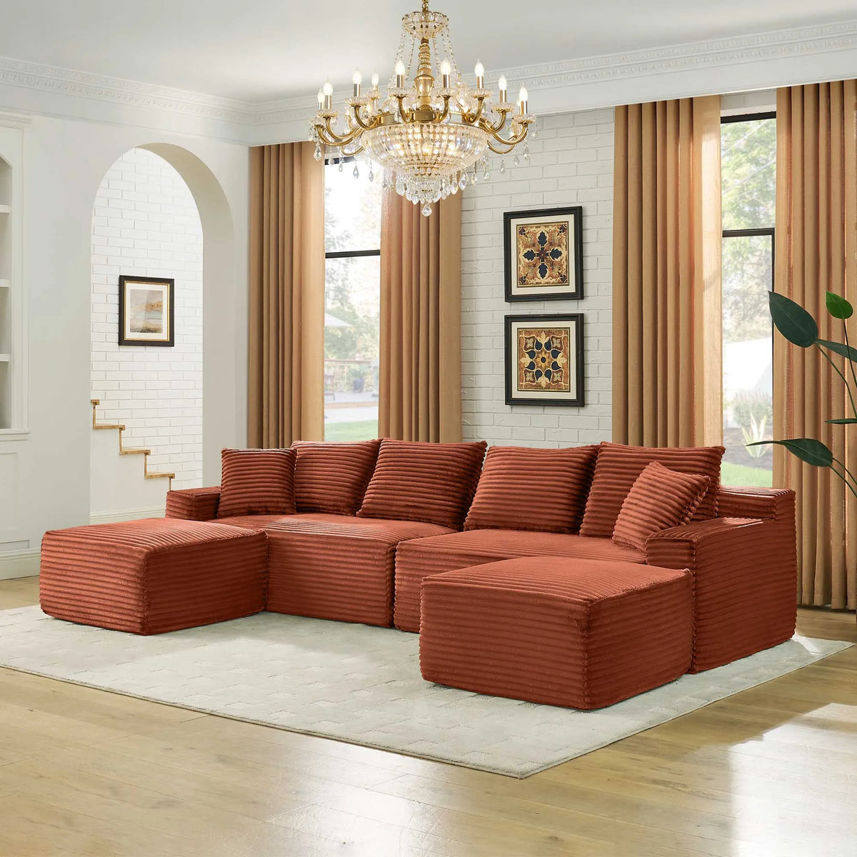 115" Comfy U-Shaped Sectional Couch, Modern Corduroy Sofa with Chaise and Ottoman, No-Tool Assembly Free Modular Cloud Sofa for Living Room Apartment, Green