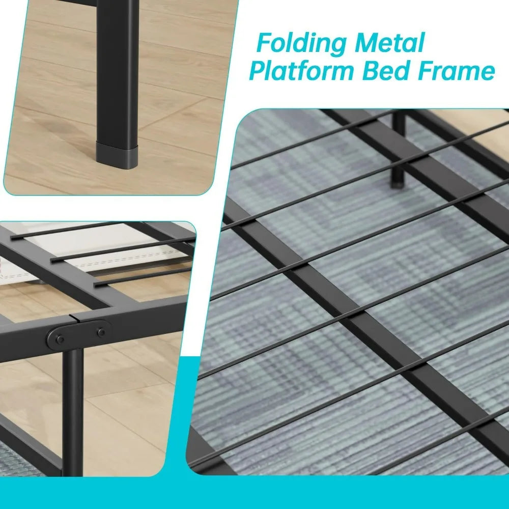 Twin Metal Foldable Bed Frame Heavy Duty Steel Slats 6 Legs No Box Spring Easy Assembly Under-Bed Storage For Home