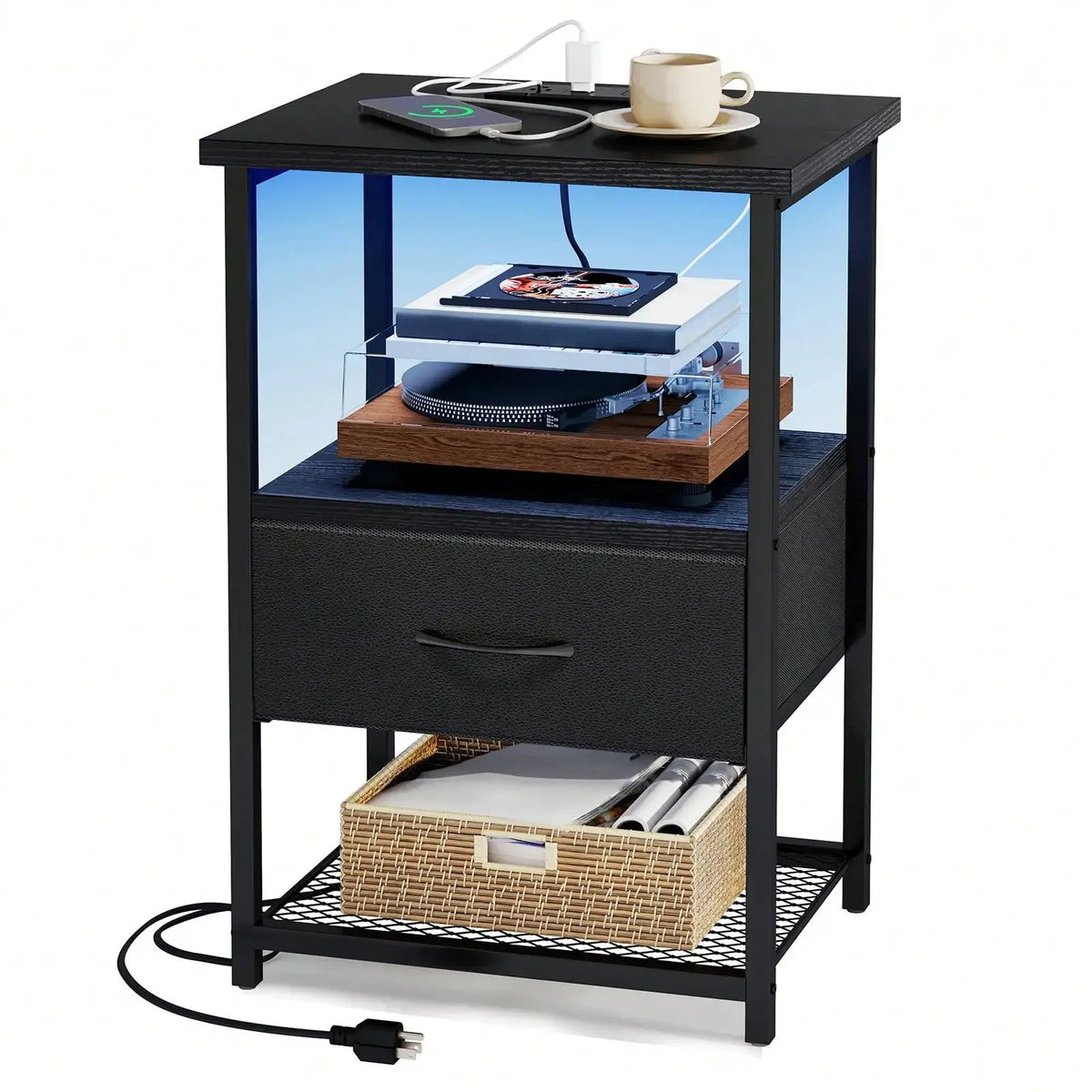 Beside Table With Charging Station, LED Nightstand With Fabric Drawers, End Table With PU Finish, Bedside Table, For Bedroom