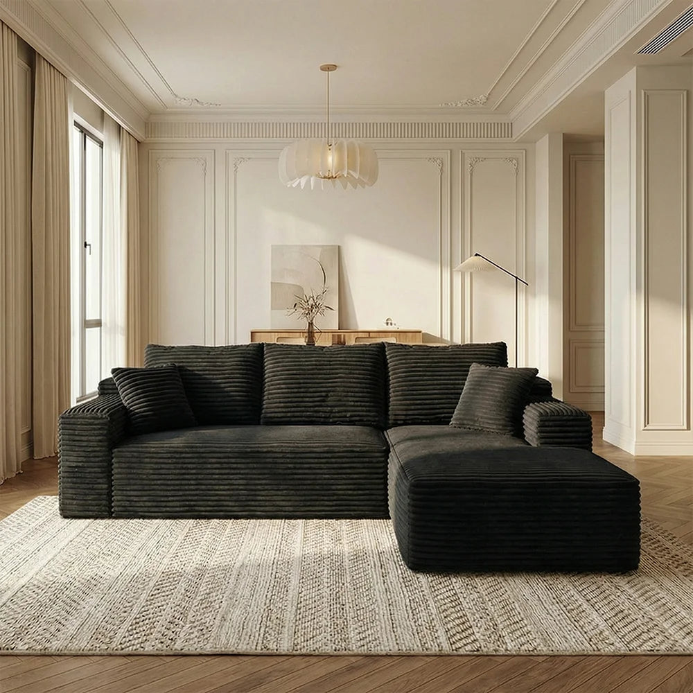 Dark Gray Corduroy L Shaped Compression Sectional Sofa with Chaise Ottoman Vacuum Packed No Assembly Fluffy Striped Fabric Couch for Living Room Apartment