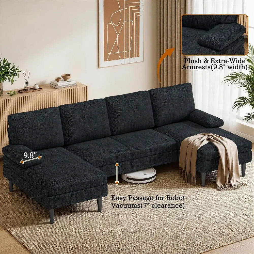 U-Shaped Sectional Couches for Living Room, 101 Inch Sofa with Double Chaise Lounge, Comfy Chenille Fabric 4-Seat Couch Set