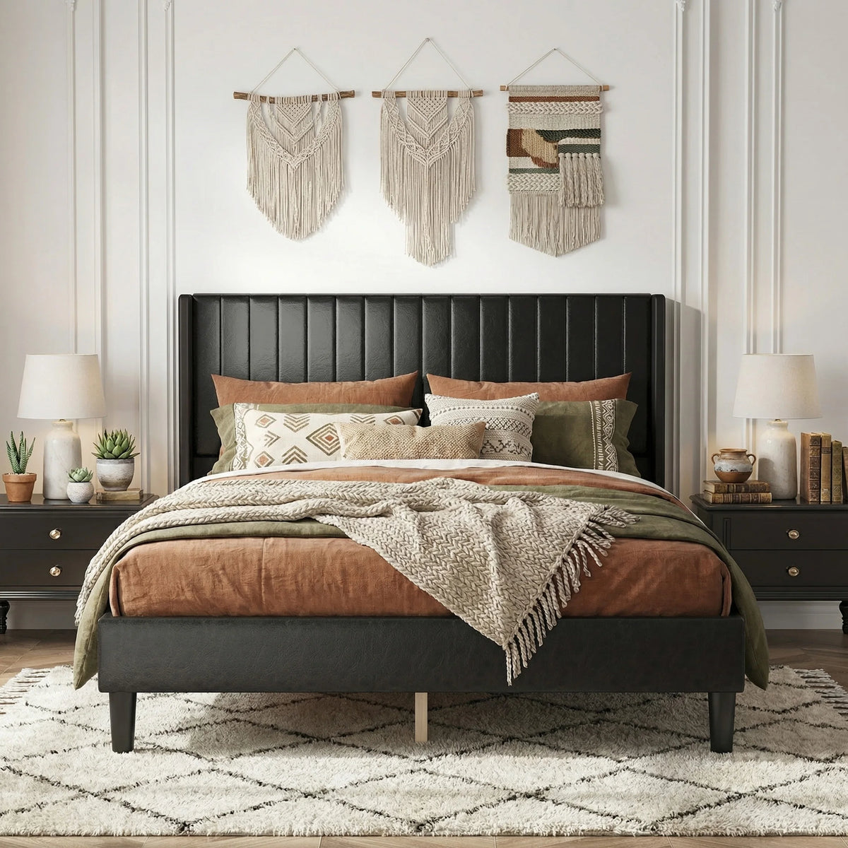 Wooden Bed Frame with PU Leather Wingback Headboard No Box Spring Needed with Sturdy Wooden Slats Support Upholstered Mattress Foundation For Home Bedroom