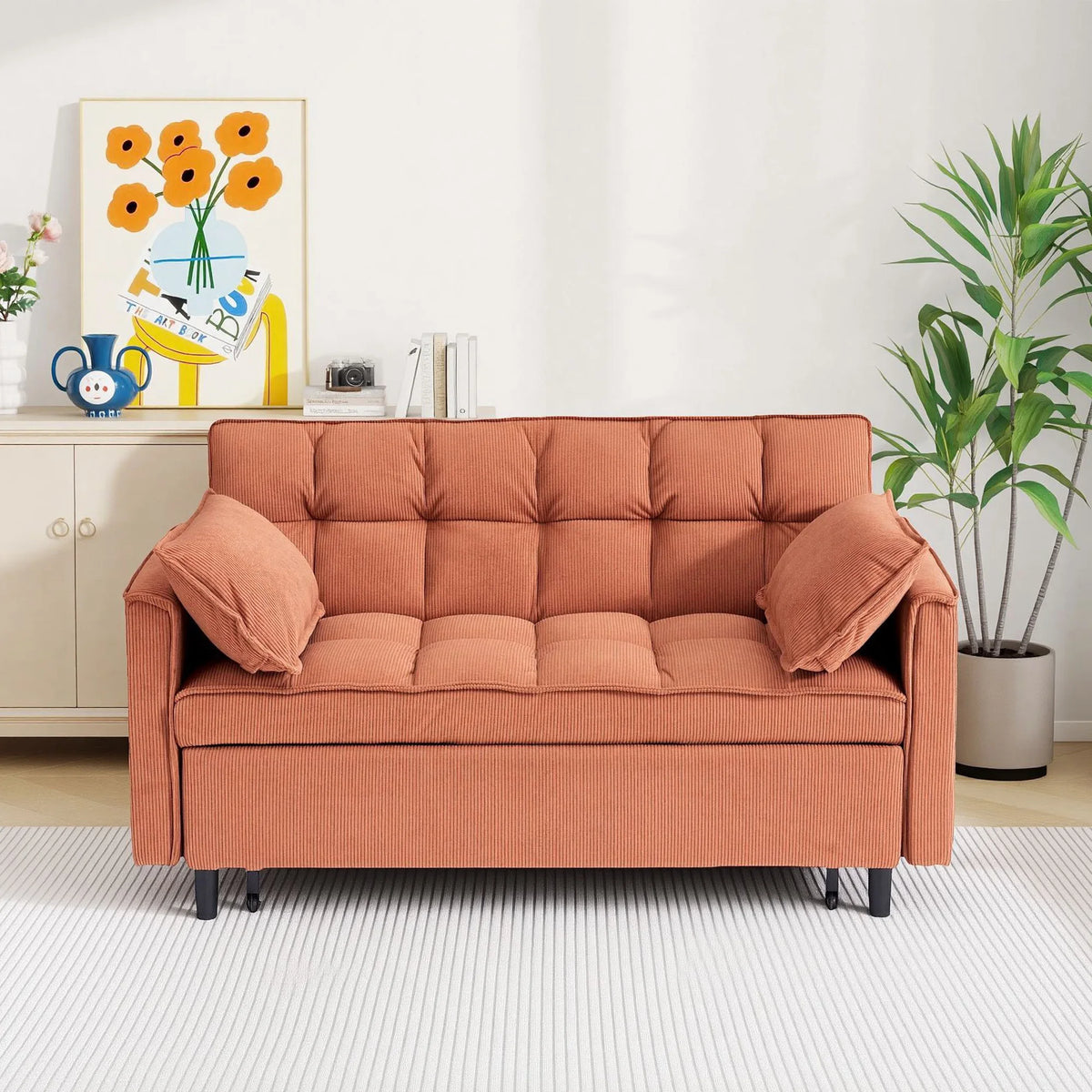 55.1" Corduroy Convertible Sleeper Sofa Bed, Pull Out 2-Seater Loveseat Couch with Side Storage Pocket & Throw Pillows, Compact Upholstered Sofa for Small Apartment Living Room Bedroom