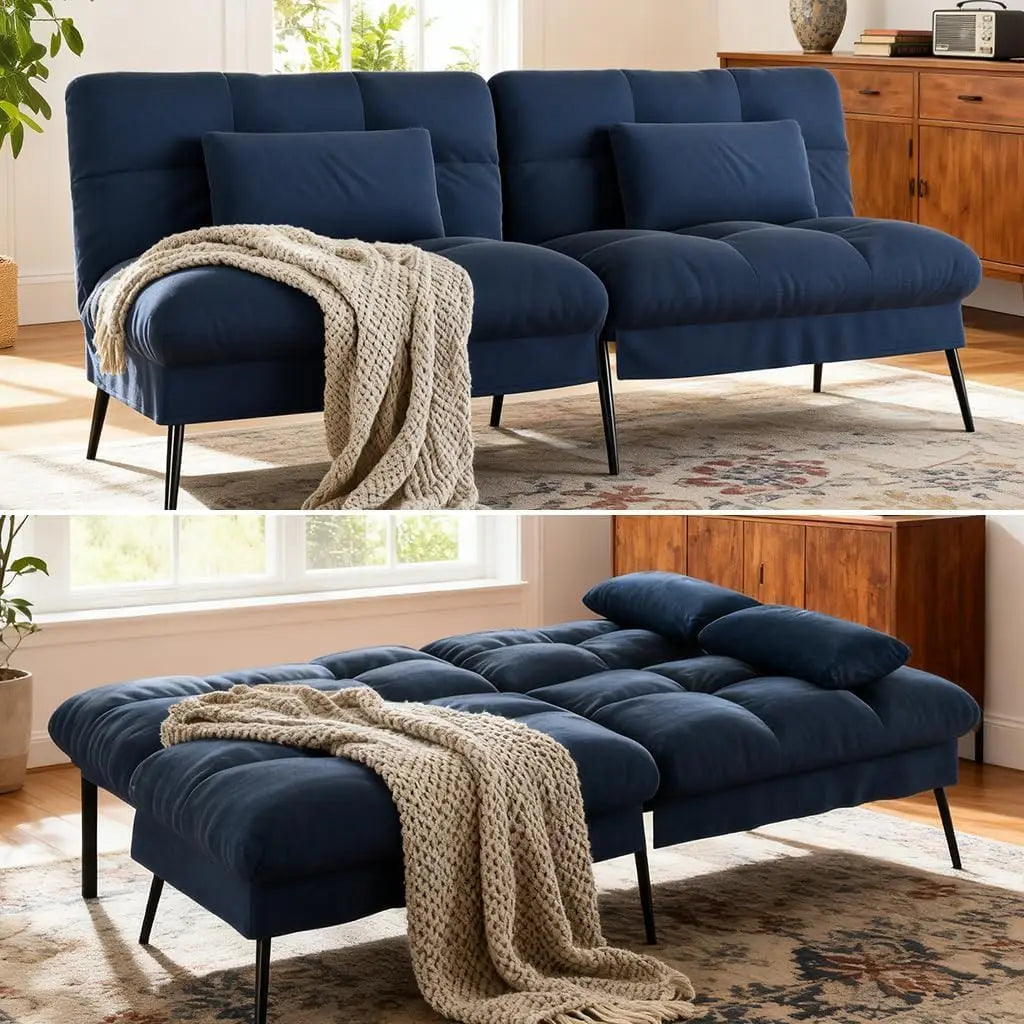 72 Inch Futon Sofa Bed - Fabric Convertible Couch Adjustable Backrest Folding Sleeper Recliner for Living Room Black