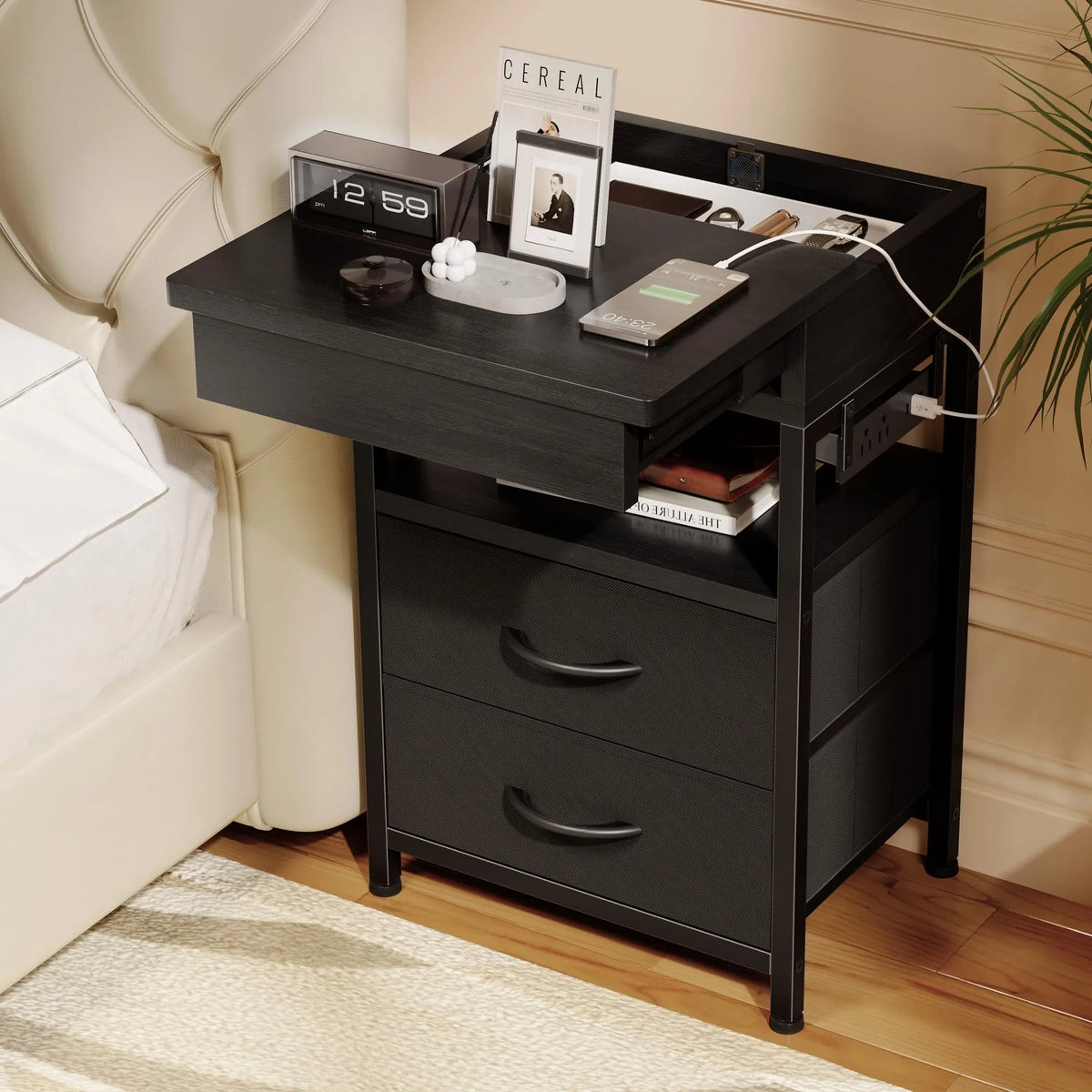 Nightstand, Lockable Hidden Compartment, Sliding Top Charging Station, 2 Fabric Drawers with USB & AC Outlets