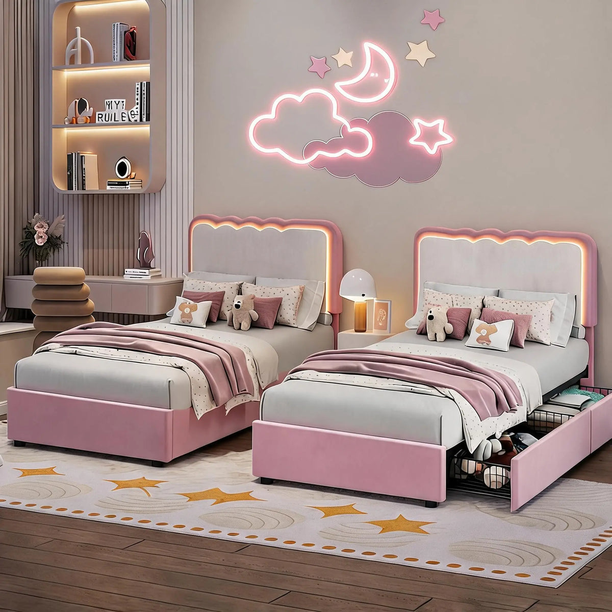 GarveeLife Modern Princess Upholstered Platform Bed Frame with LED Lights – 2 Storage Drawers, Double Wave Velvet Headboard, Sturdy Metal & Wood Support, No Box Spring Needed, Easy Assembly – Ideal for Kids, Teens, Girls