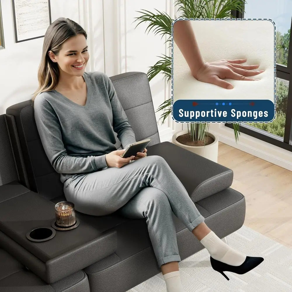 Sofa Bed Adjustable Couch Sleeper Soa Bed or Living Room, Business Office, Recliner Sofas with Cup Holders (PU Leather, Black)