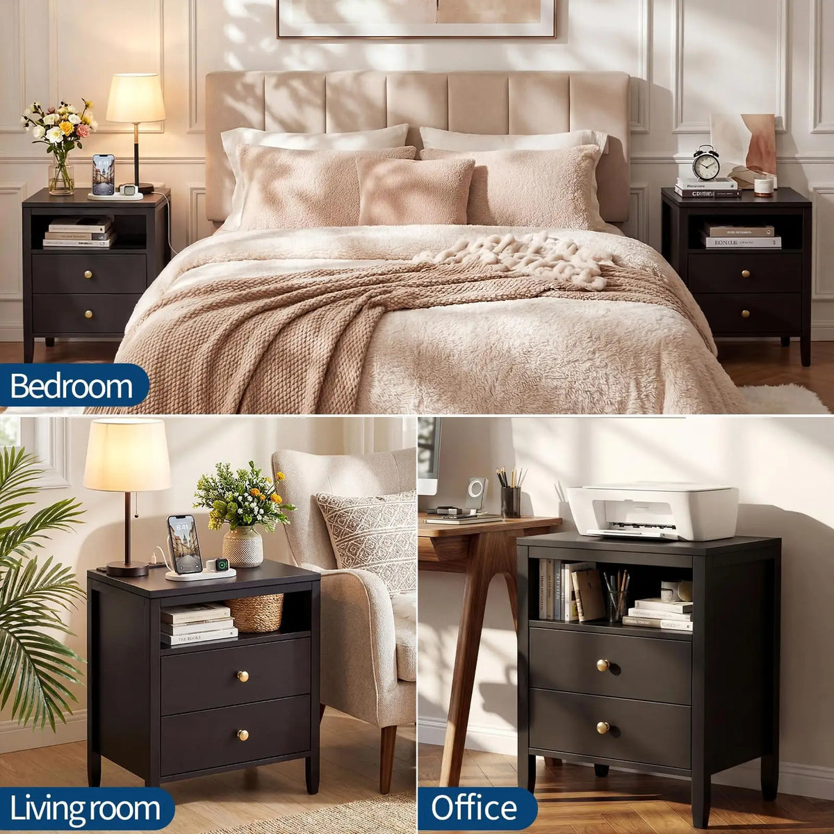 Farmhouse Nightstand Set Of 2 With Charging Station