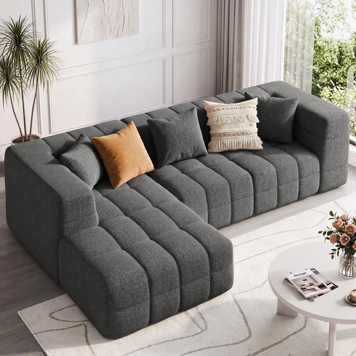 107" Cloud Sectional Couch with Chaise, Boneless Modular Sofa, Beige