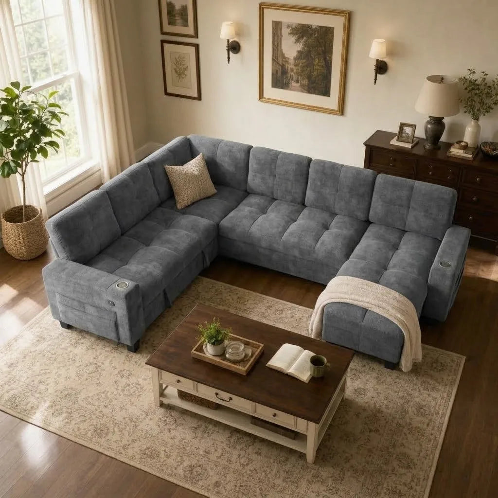 85-110 Inch U-Shaped Modular Sectional Sleeper Sofa, 7-Seat Dark Gray Chenille Cloud Couch, Pull-Out Bed with Hidden Storage, USB Ports & Cup Holders, Multi-Functional Sofa Bed for Living Room Apartment