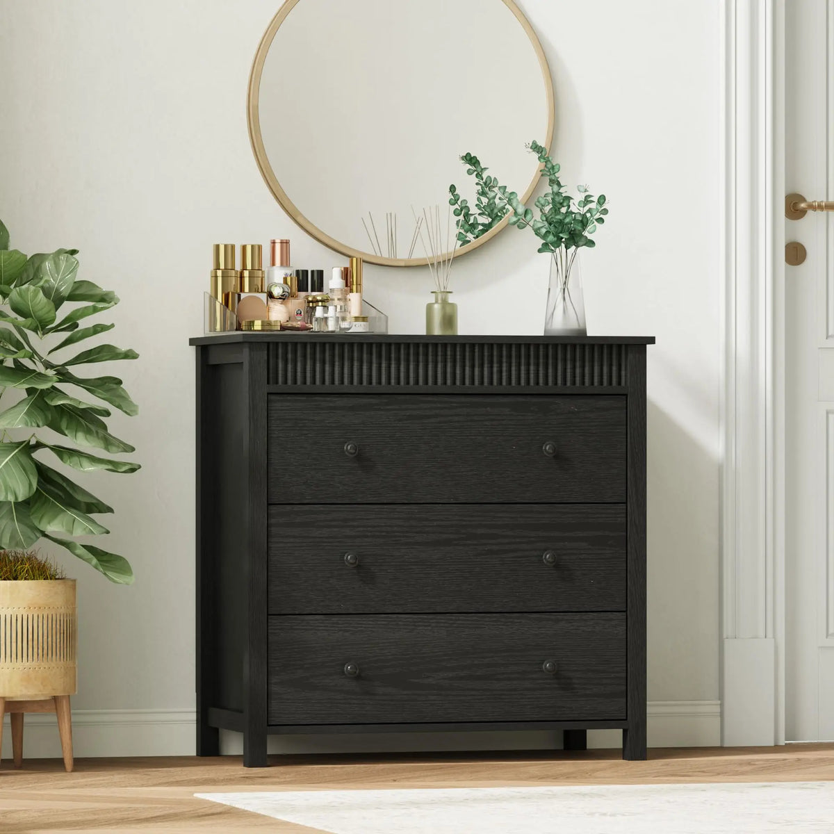 31.5 Inch Fluted Nightstand With 3 Drawers, Natural Oak Finish Wood Bedside Table, Large Modern End Table For Bedroom Storage