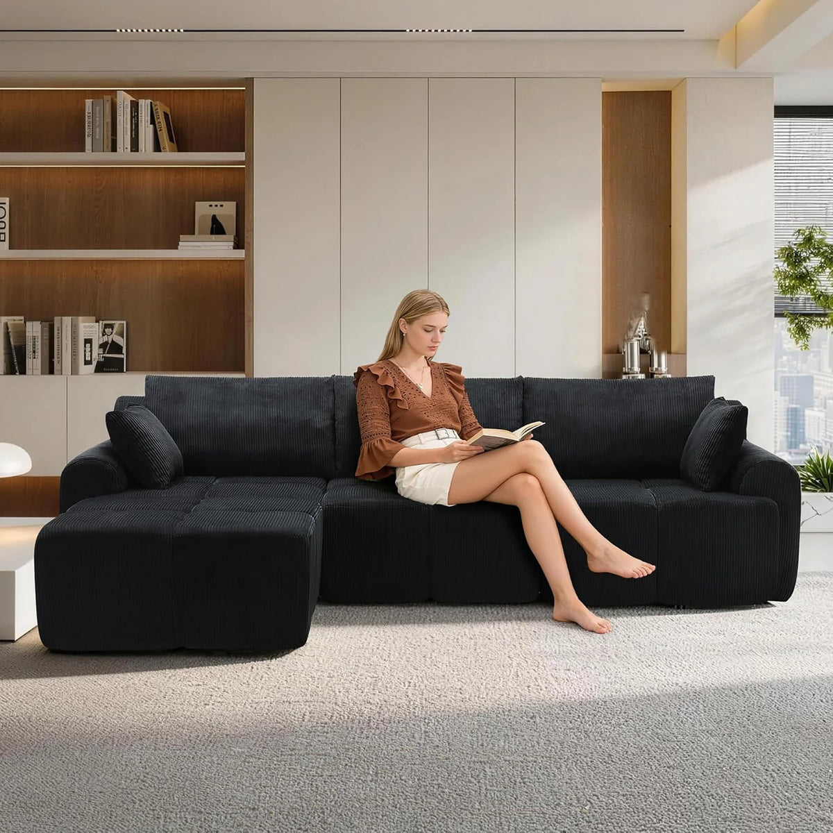 118'' Corduroy Modular Sofa, Deep Seat Compression Couch With Memory Foam, No Assembly Sectional For Living Room