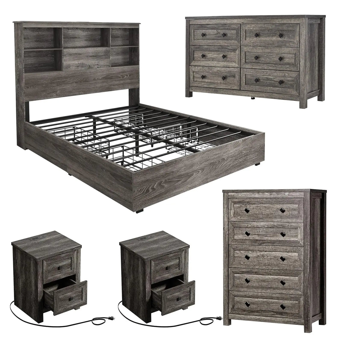 5-Piece Farmhouse Queen Bedroom Set with Nightstands & Drer, y