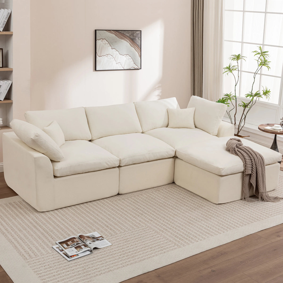 112 Inch Modular L-Shape Cloud Couch, Boneless Chenille Sectional Sofa with Spacious Deep Seats & Ottoman, Ready-to-Use Living Room Furniture