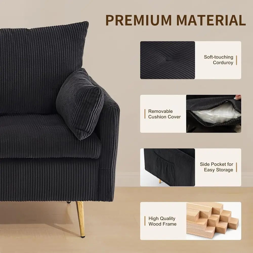 Black Loveseat Sofa with Hidden Storage, Upholstered 2 Seater Couch with Gold Metal Legs, Small Space Living Room Sofa