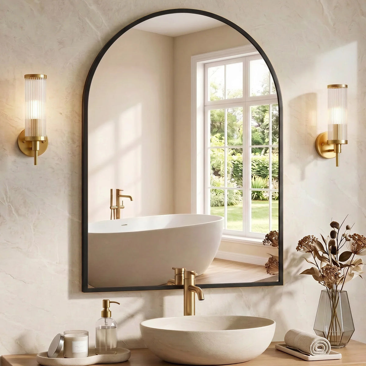 Arched Bathroom Mirror or Over Sink Wall Mounted Aluminum Alloy Frame Mirror Horizontal or Vertical Hanging Modern Wall Mount Vanity Mirror for Home