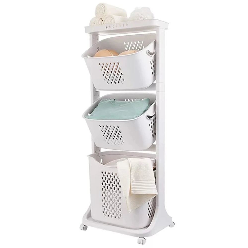 3 Tier Laundry Baskets Movable Rolling Hamper Cart with Wheels Clothes Dirty Portable Hamper Storage Baskets Sorter Household