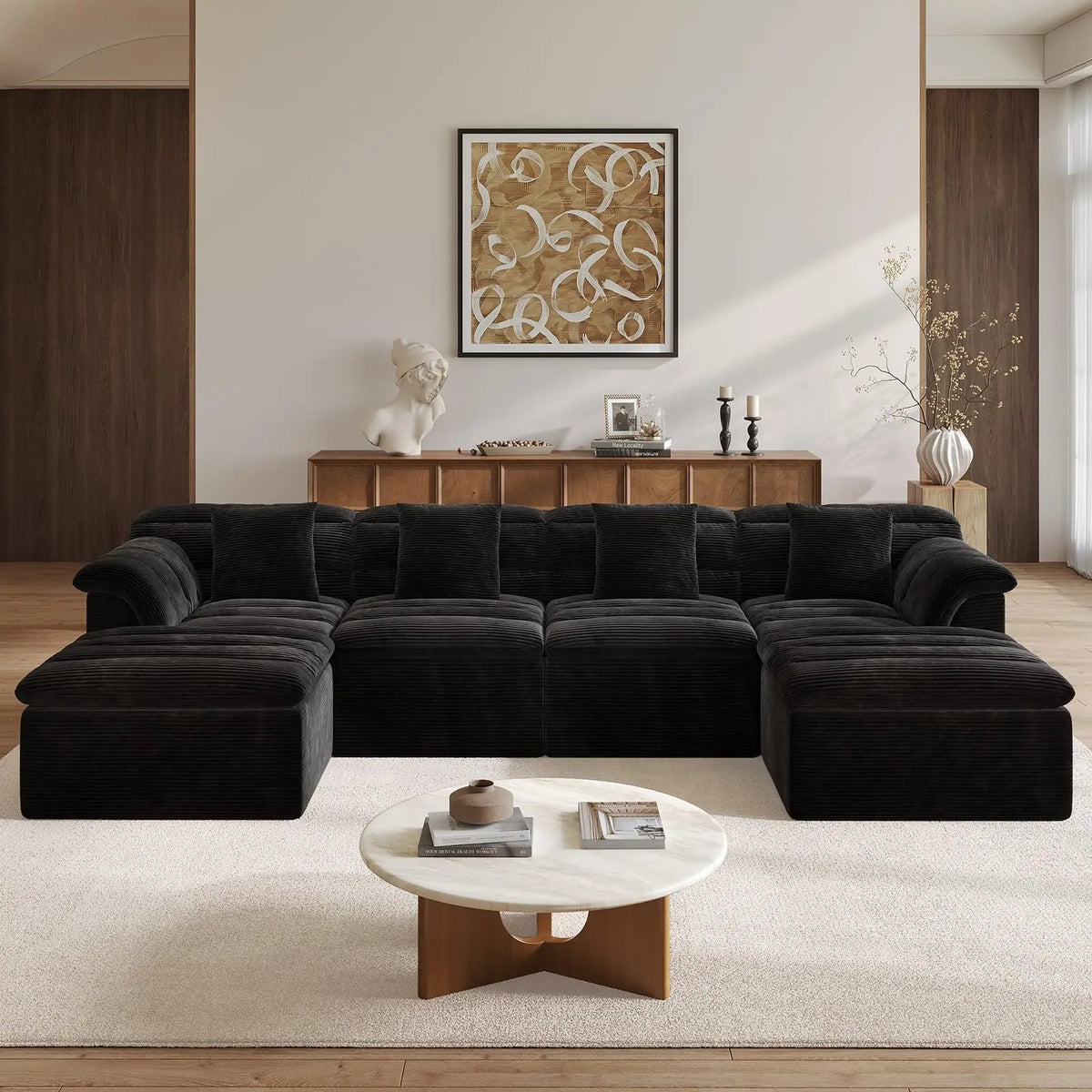 142" Modular Cloud Sectional Couch with Ottoman Modern Upholstered Compressed Sofa Deep Seat, Comfy U-Shape Corduroy Couches